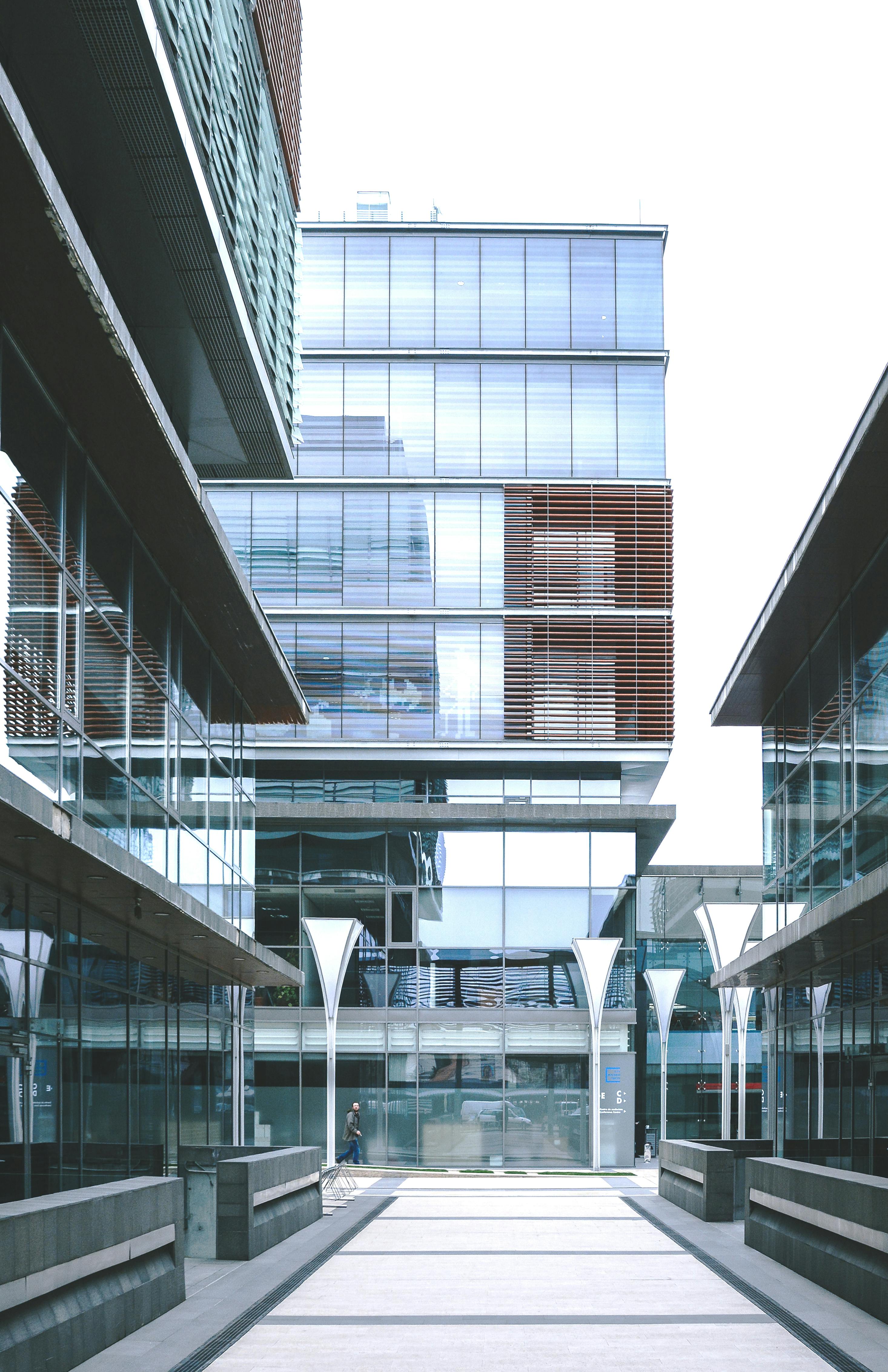 Modern corporate campus walkway